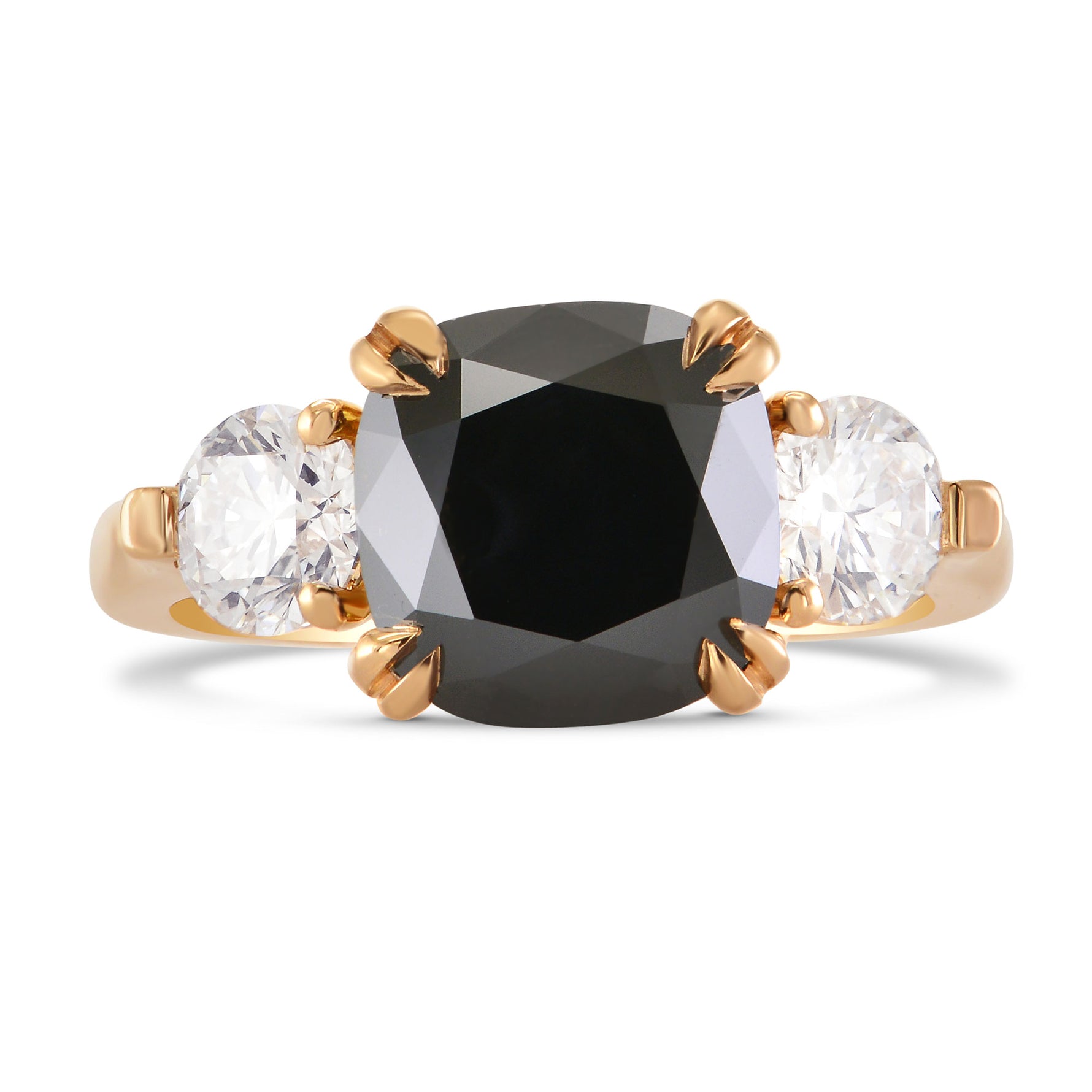 Fancy Black Cushion Diamond Ring with Round Brilliant Side Diamonds