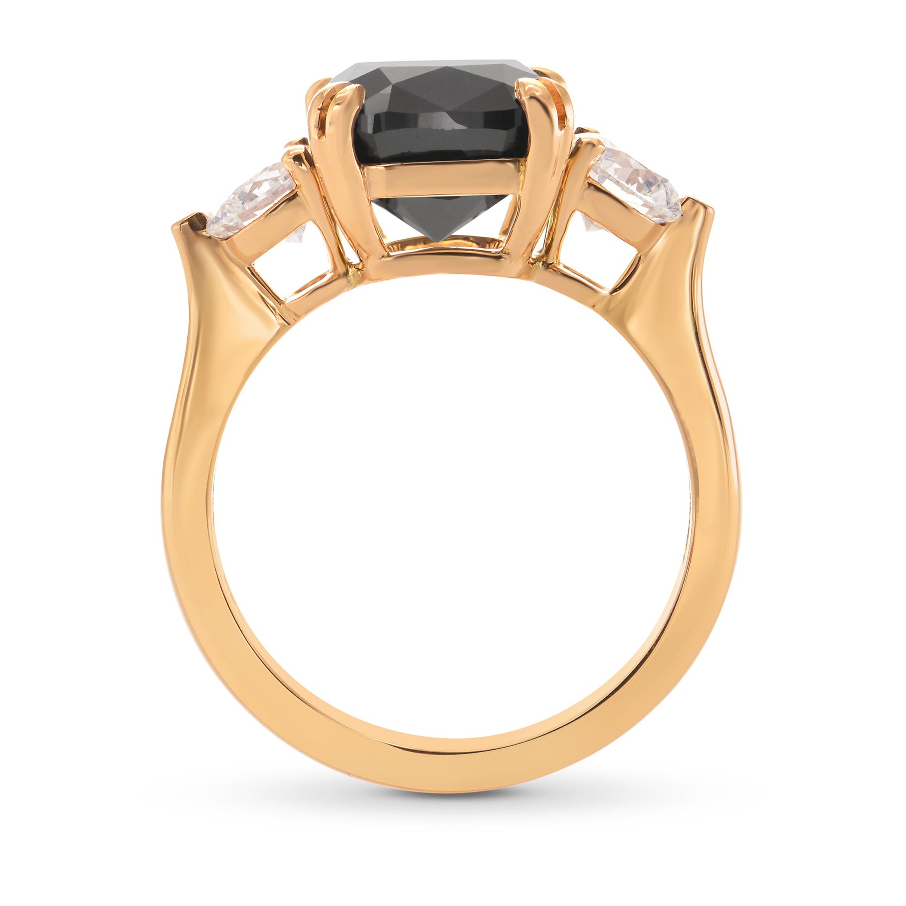 Fancy Black Cushion Diamond Ring with Round Brilliant Side Diamonds