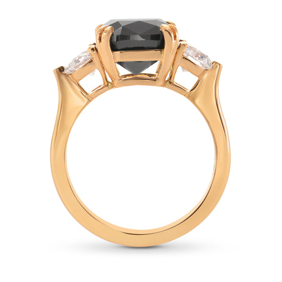 Fancy Black Cushion Diamond Ring with Round Brilliant Side Diamonds