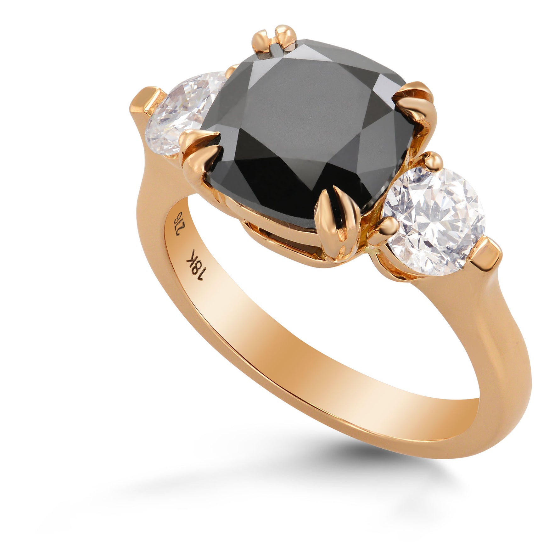 Fancy Black Cushion Diamond Ring with Round Brilliant Side Diamonds