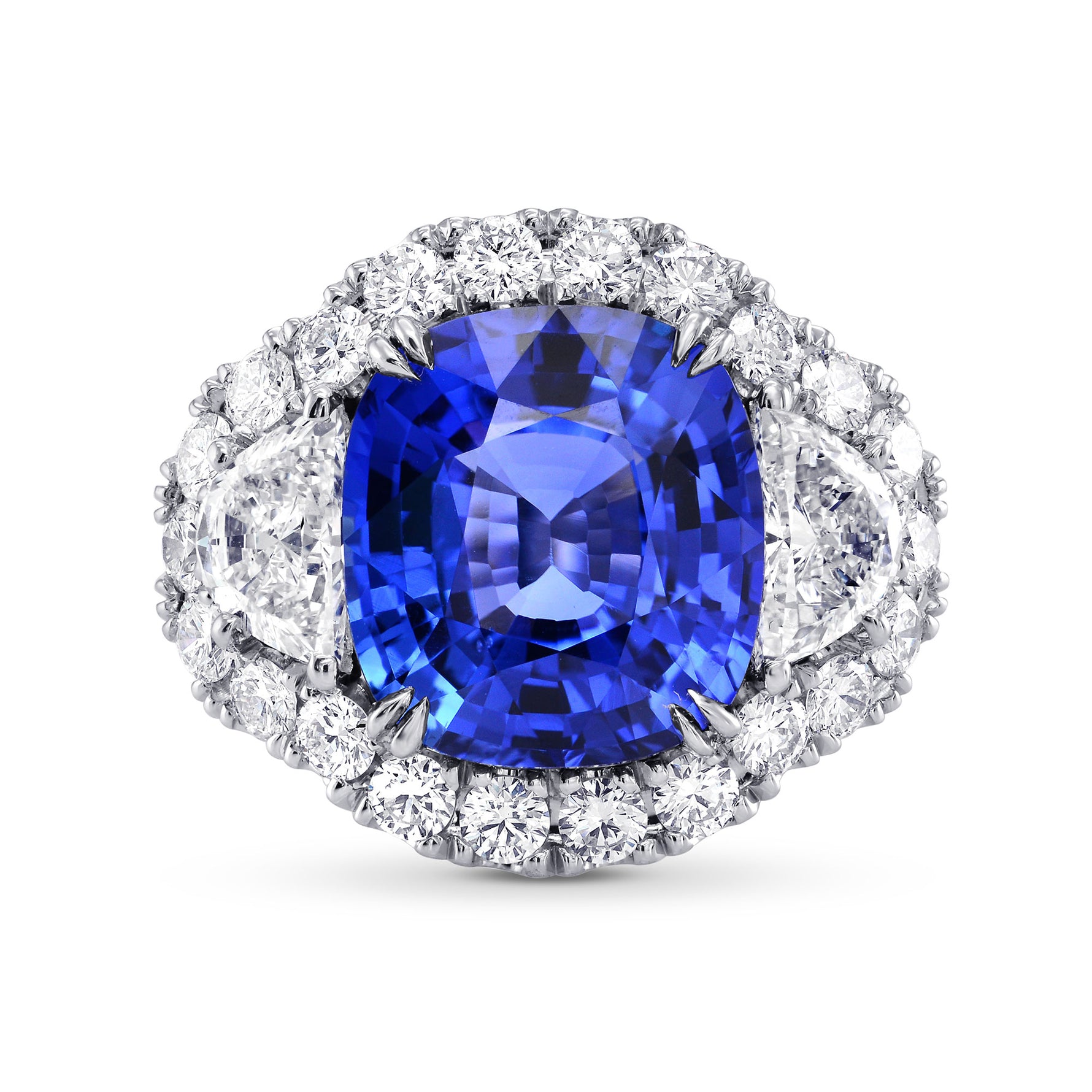 Sapphire and Diamond Halo Ring with Half-Moons