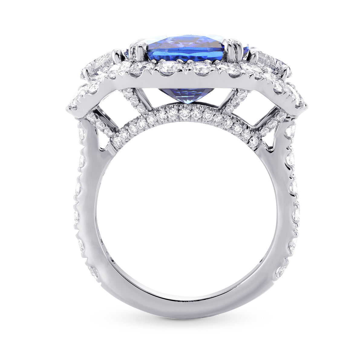 Sapphire and Diamond Halo Ring with Half-Moons