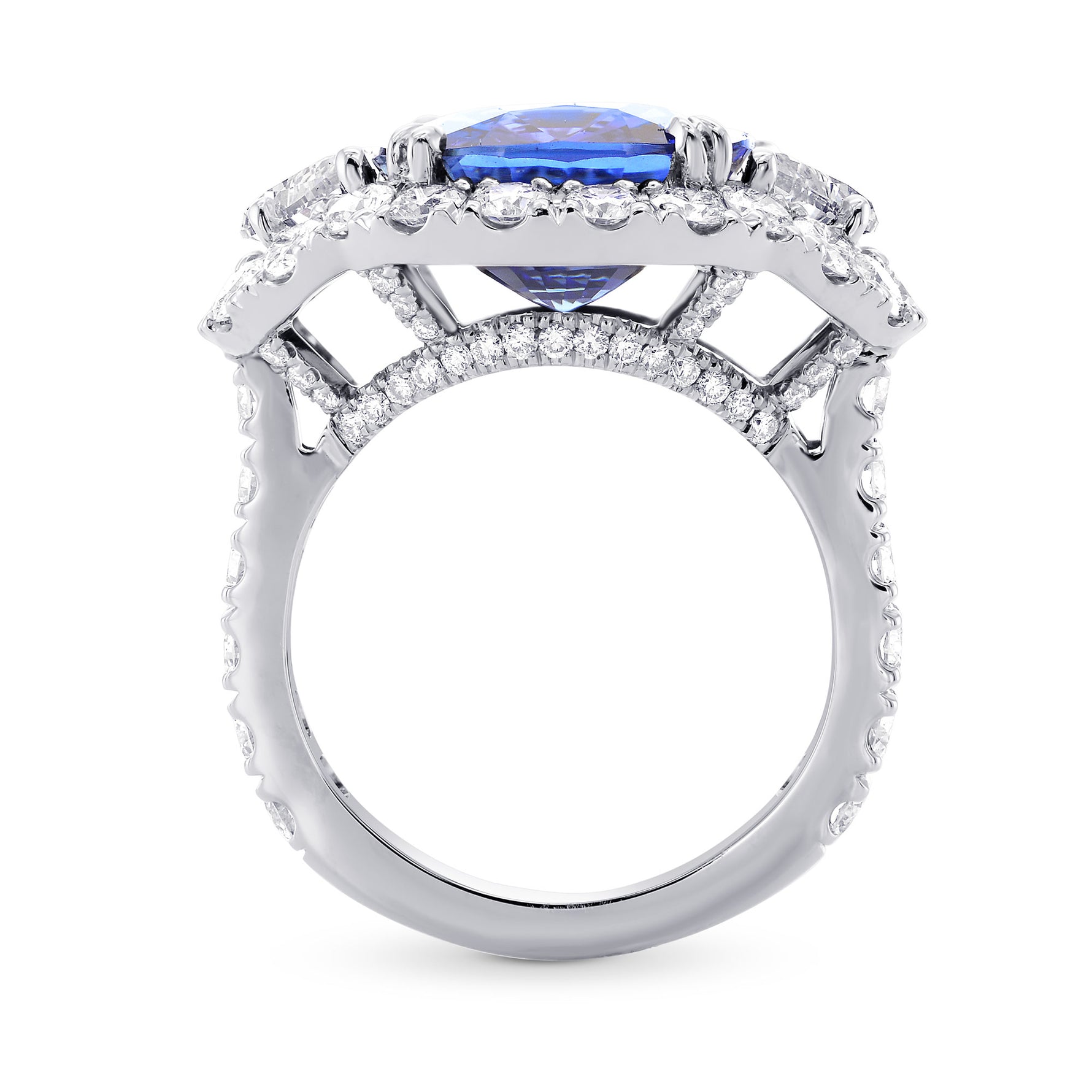 Sapphire and Diamond Halo Ring with Half-Moons