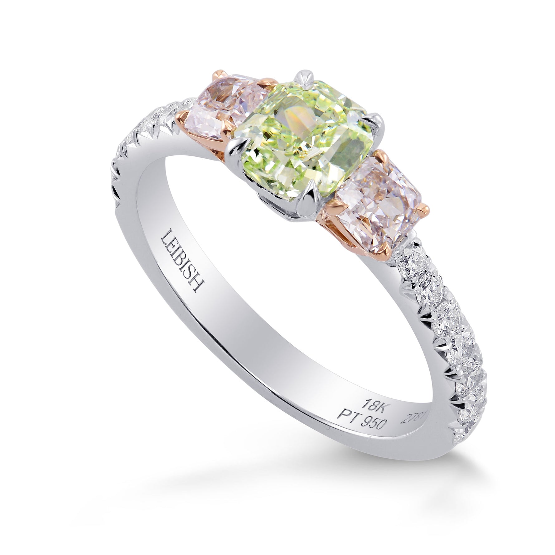   Fancy Yellow Green & Pink Diamond Three Stones Ring