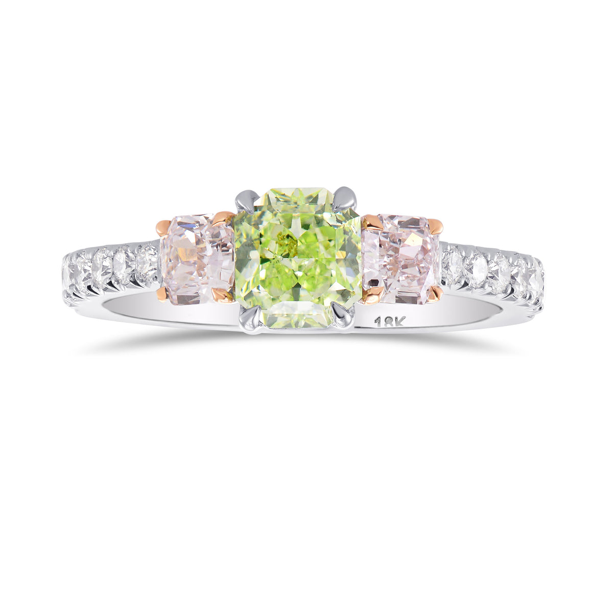   Fancy Yellow Green & Pink Diamond Three Stones Ring