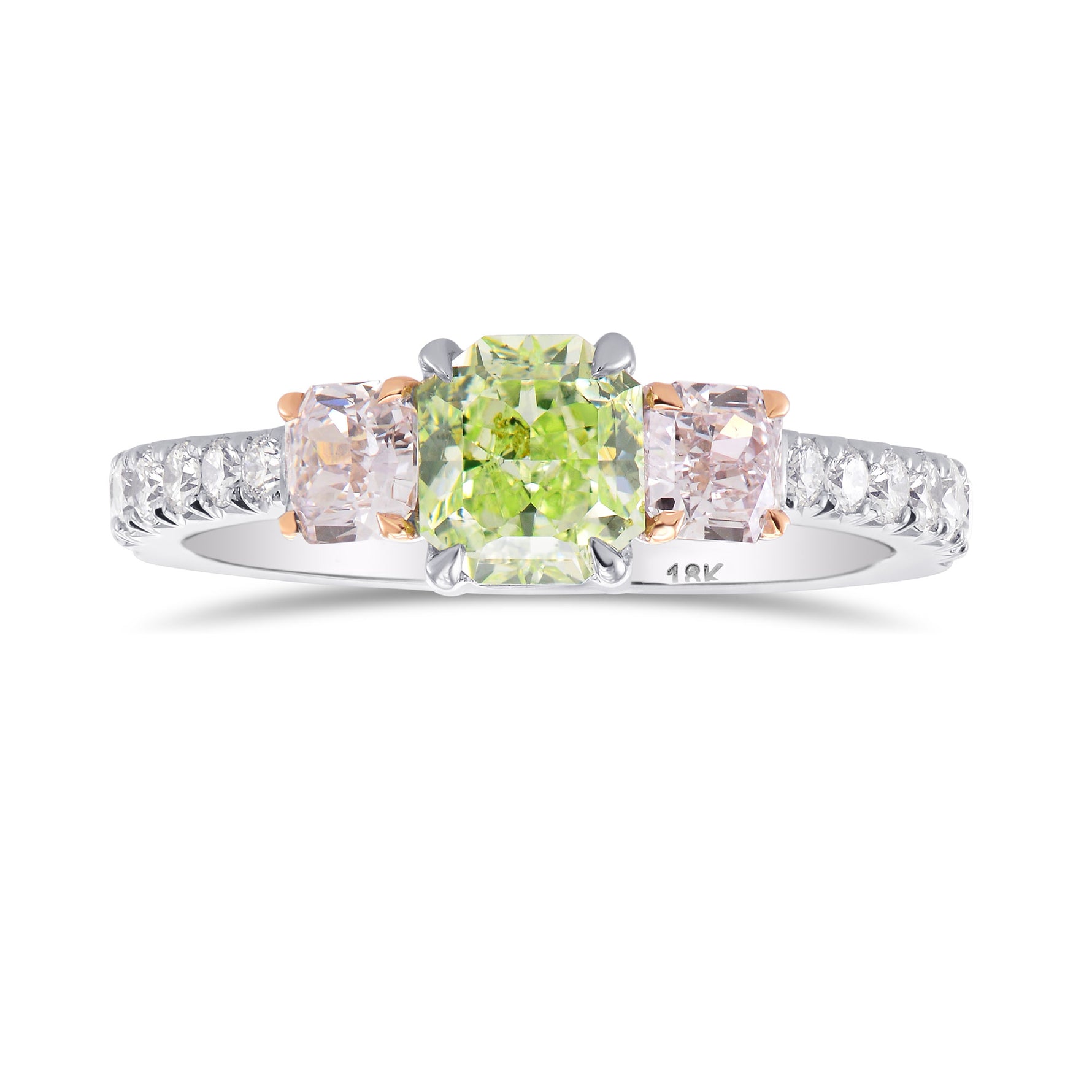   Fancy Yellow Green & Pink Diamond Three Stones Ring