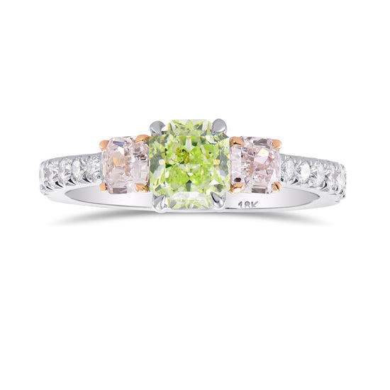   Fancy Yellow Green & Pink Diamond Three Stones Ring