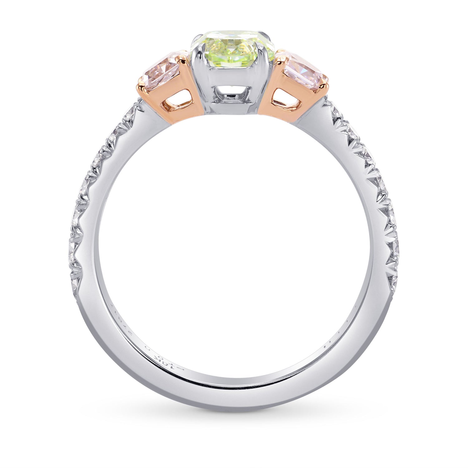   Fancy Yellow Green & Pink Diamond Three Stones Ring