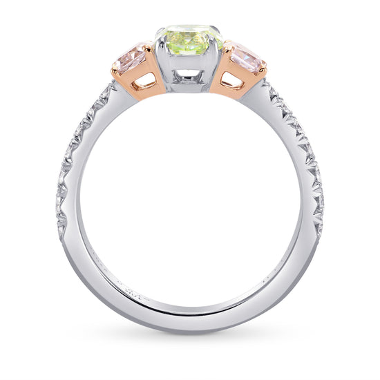   Fancy Yellow Green & Pink Diamond Three Stones Ring