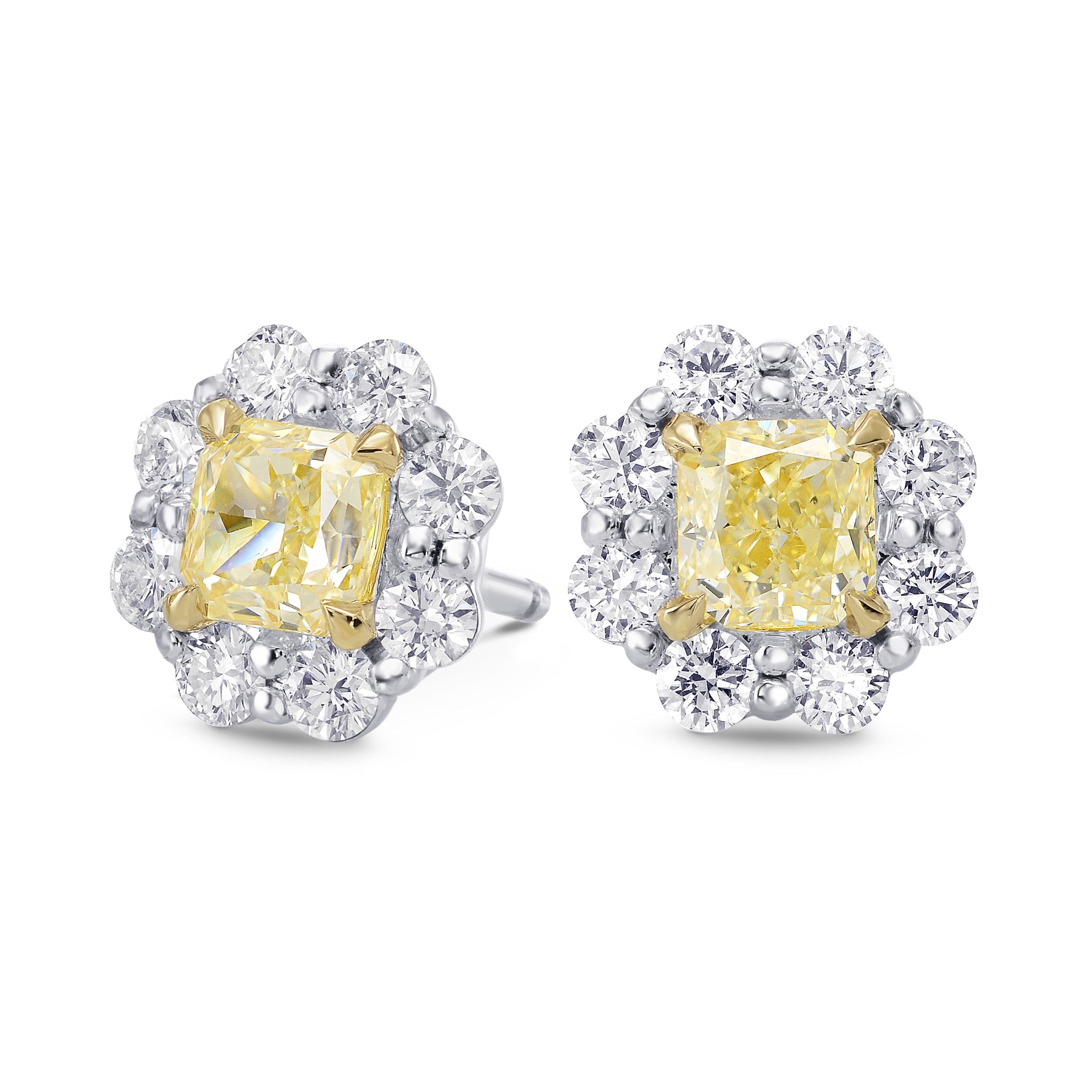 Light Yellow Radiant Diamond Halo Earrings