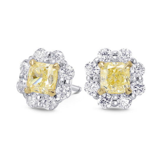 Light Yellow Radiant Diamond Halo Earrings