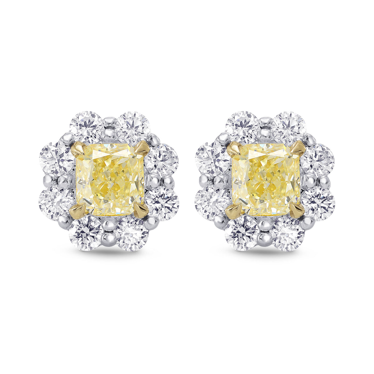 Light Yellow Radiant Diamond Halo Earrings
