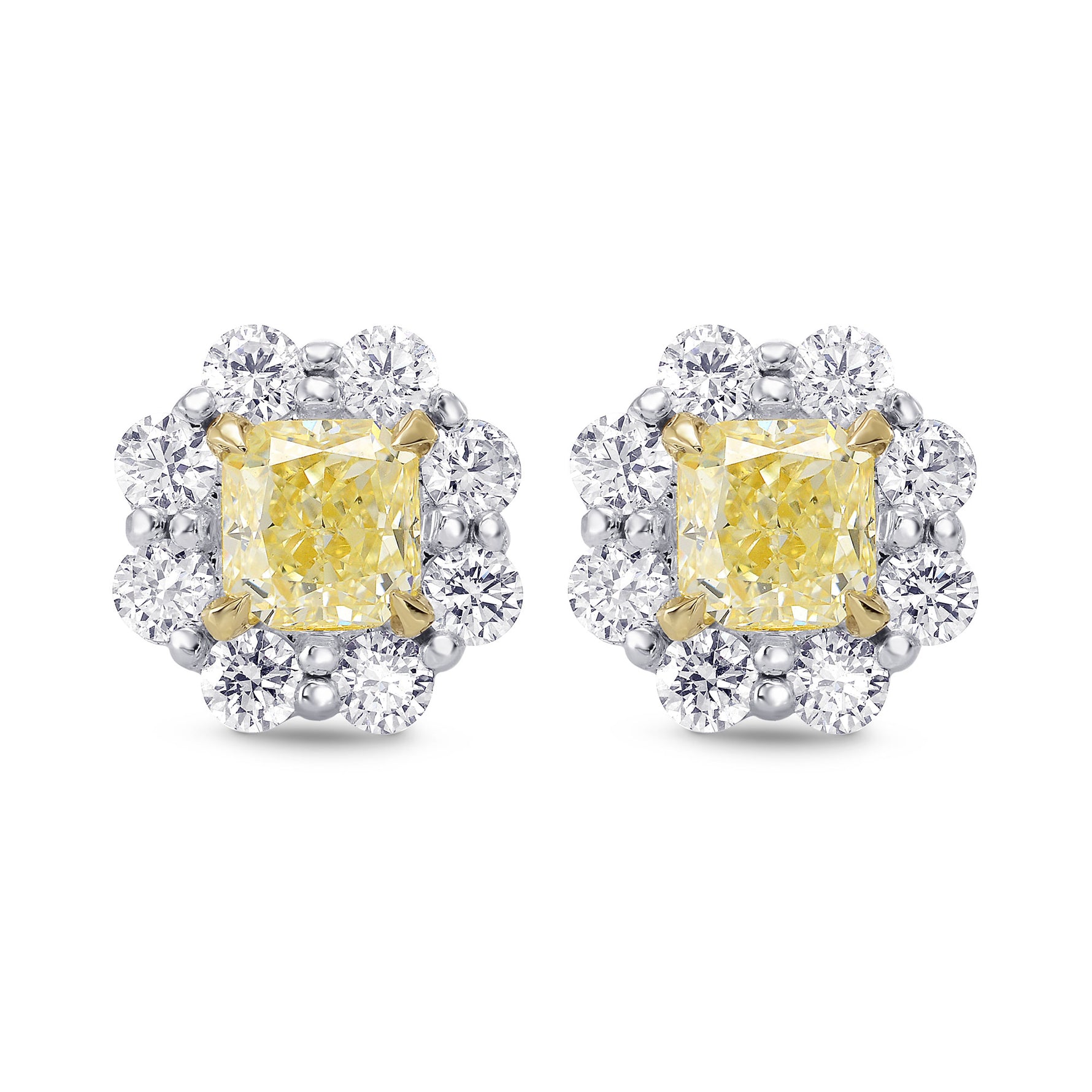 Light Yellow Radiant Diamond Halo Earrings