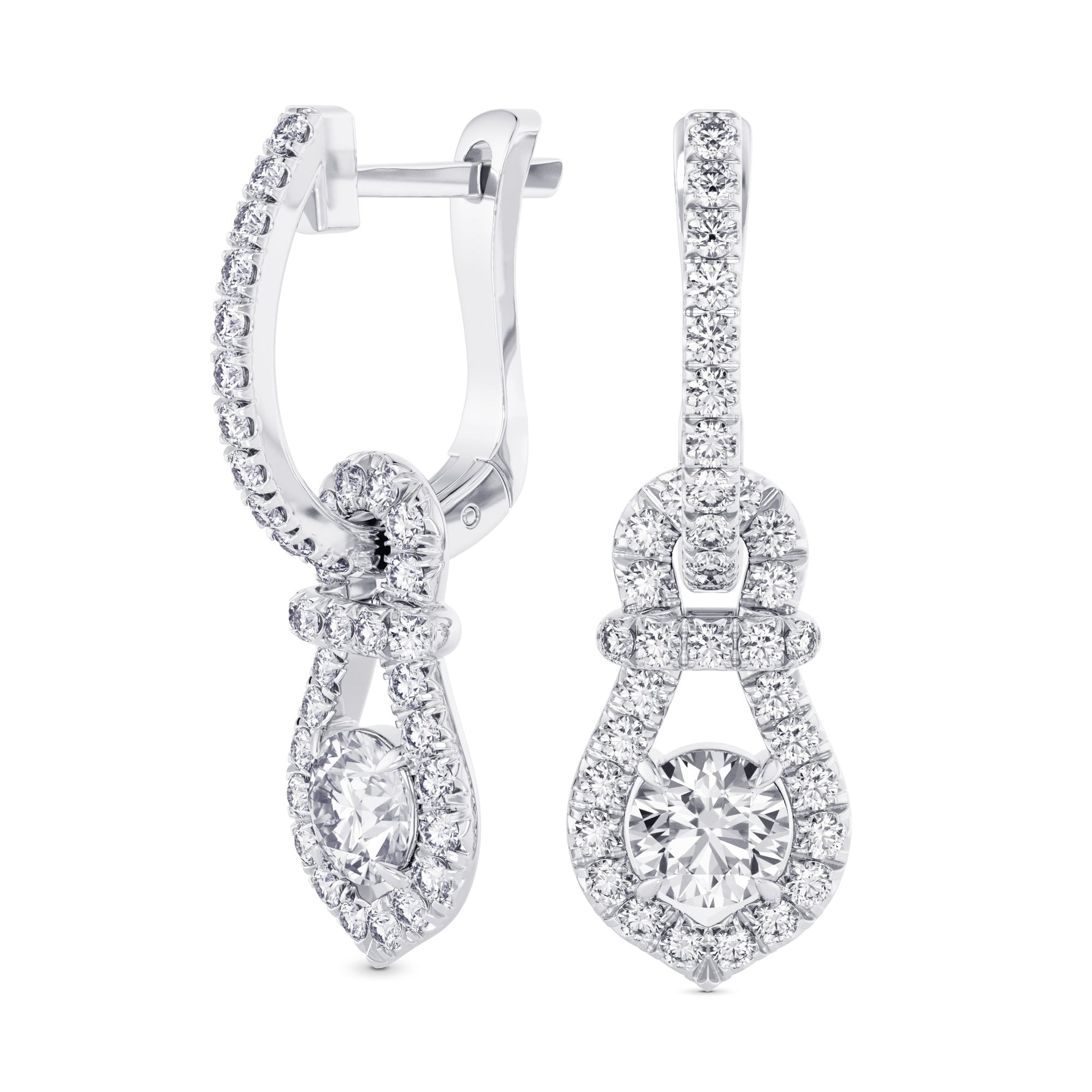 Round Brilliant Halo Diamond Drop Earrings - 2
