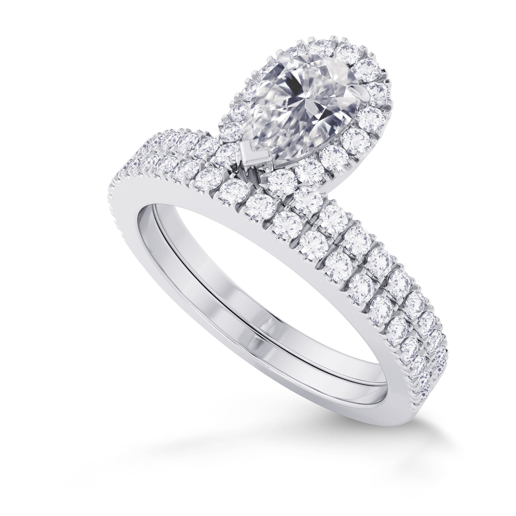 Pear Shaped Halo Diamond Engagement Ring & Wedding Band Set - 3