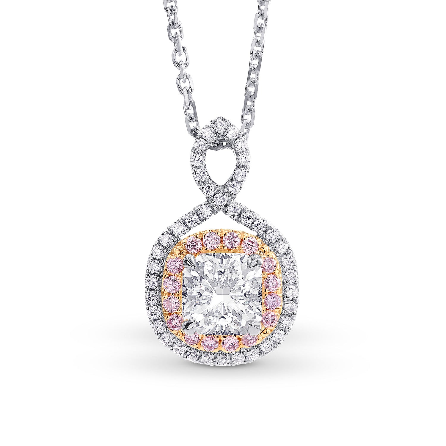 Cross-over Cushion Diamond Double Halo Pendant