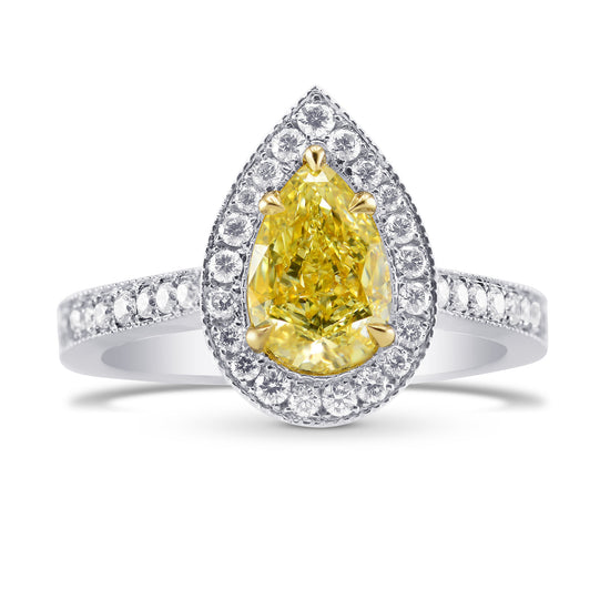 Fancy Yellow Pear Diamond Halo Ring with Milgrain