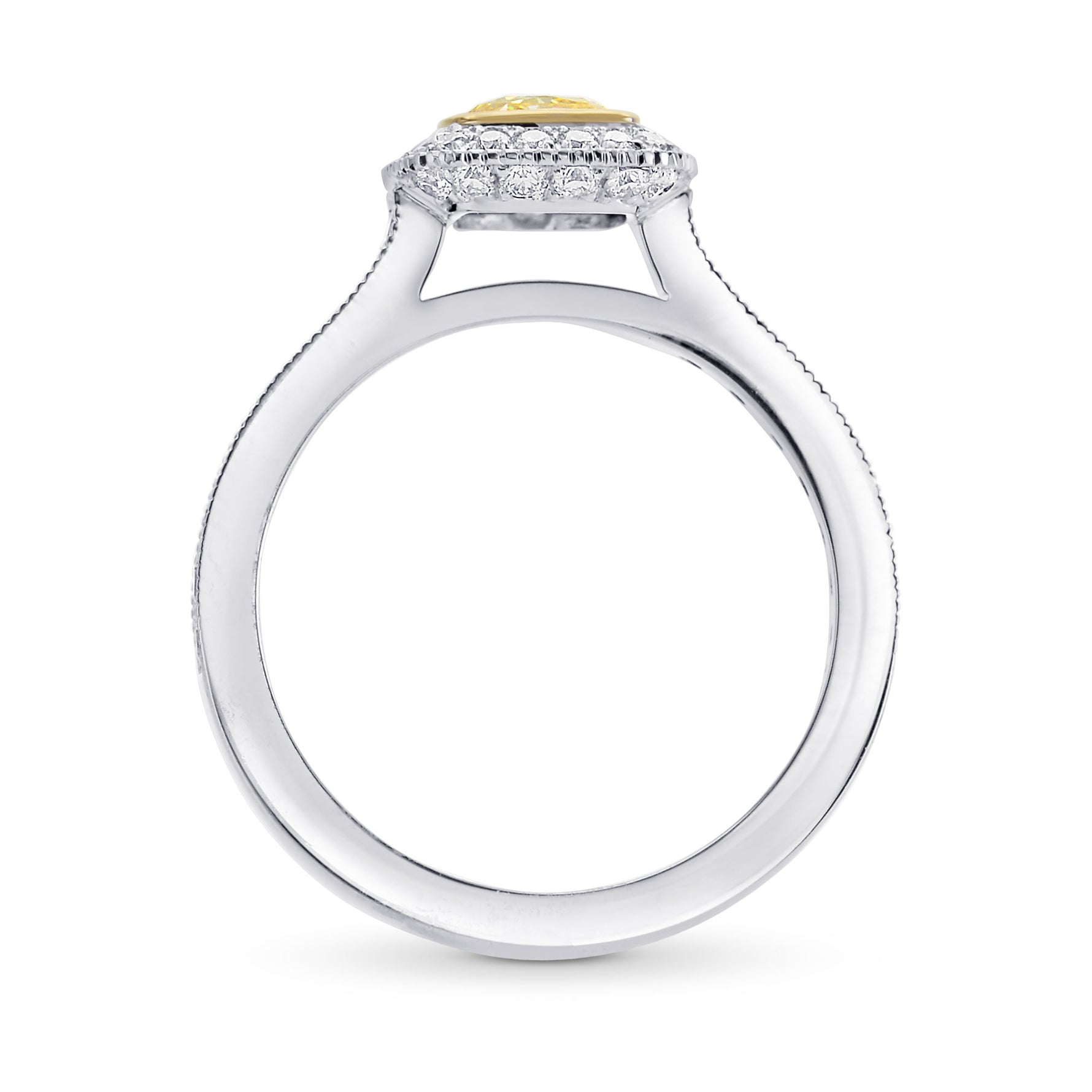 Fancy Intense Yellow Cushion Diamond Halo Ring with Milgrain