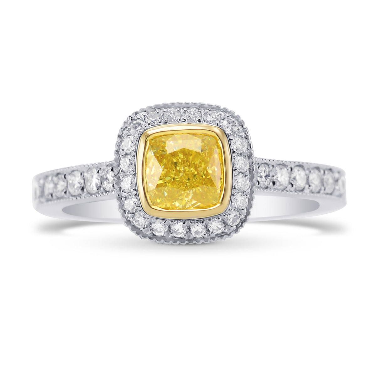 Fancy Intense Yellow Cushion Diamond Halo Ring with Milgrain