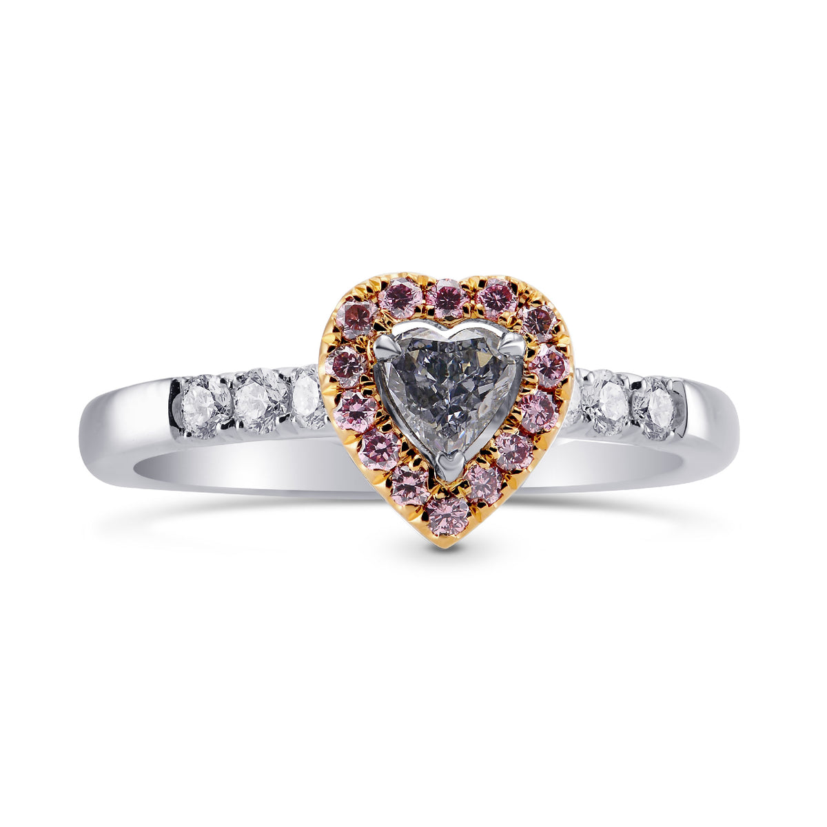 Fancy Blue Gray Heart Diamond Halo Ring with Fancy Intense Pink Diamonds
