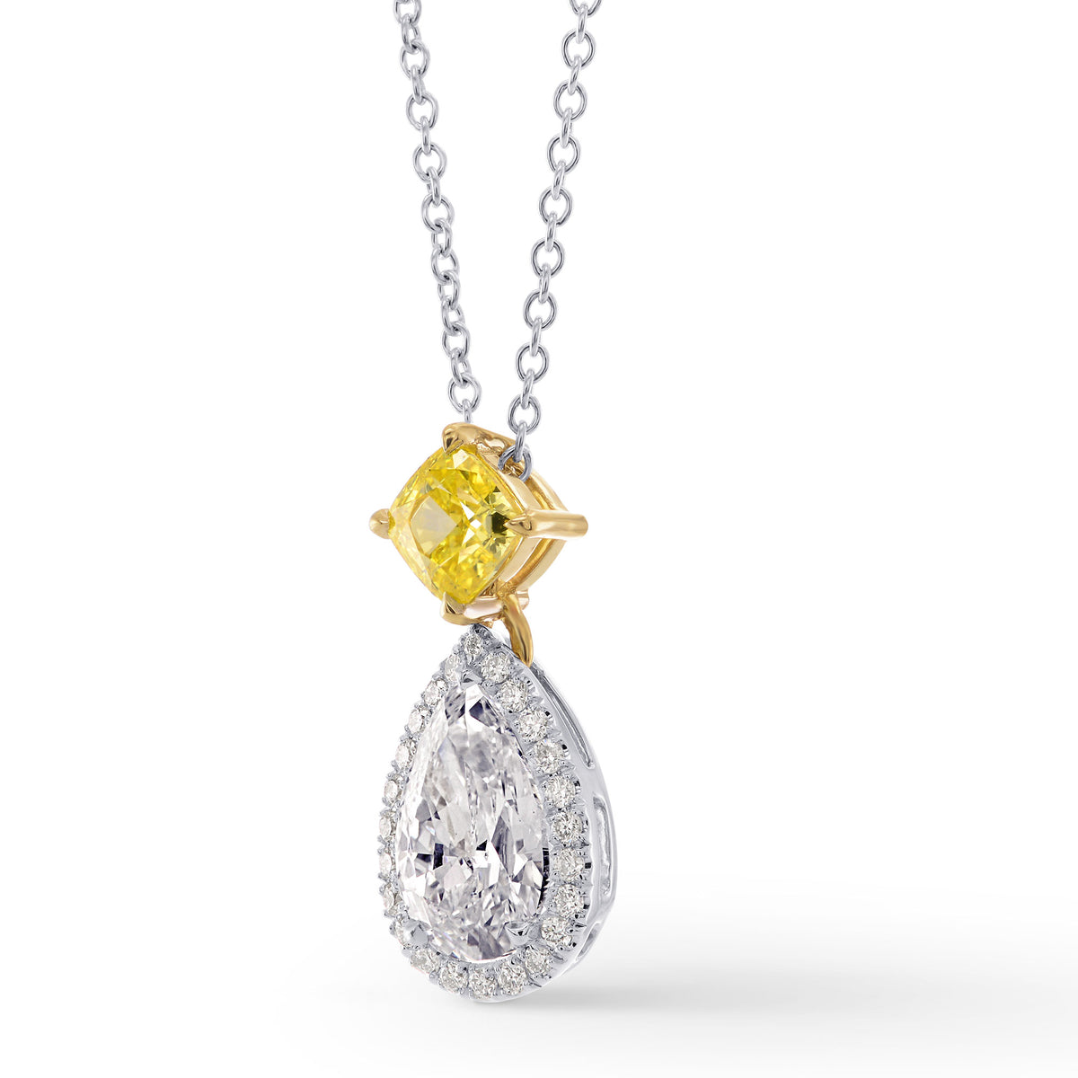 'D' Color Pear & Vivid Yellow Cushion Diamond Pendant