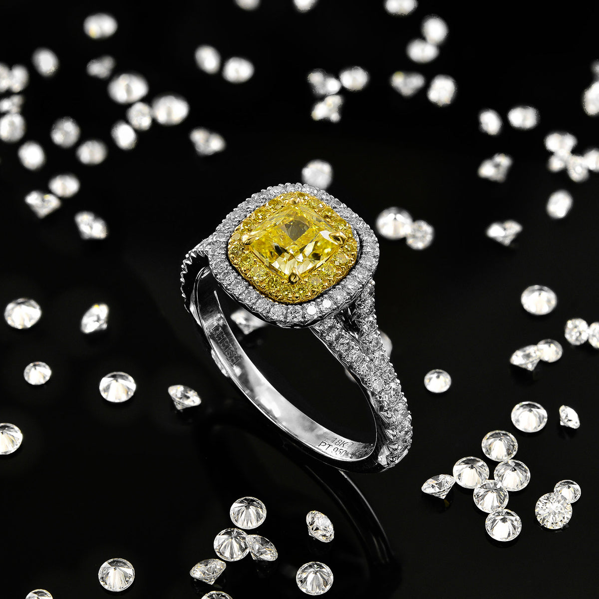 Fancy Intense Yellow Cushion Diamond Halo Ring