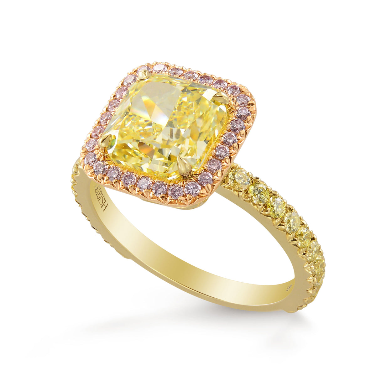 Fancy Light Yellow Radiant & Pink Diamond Halo Ring
