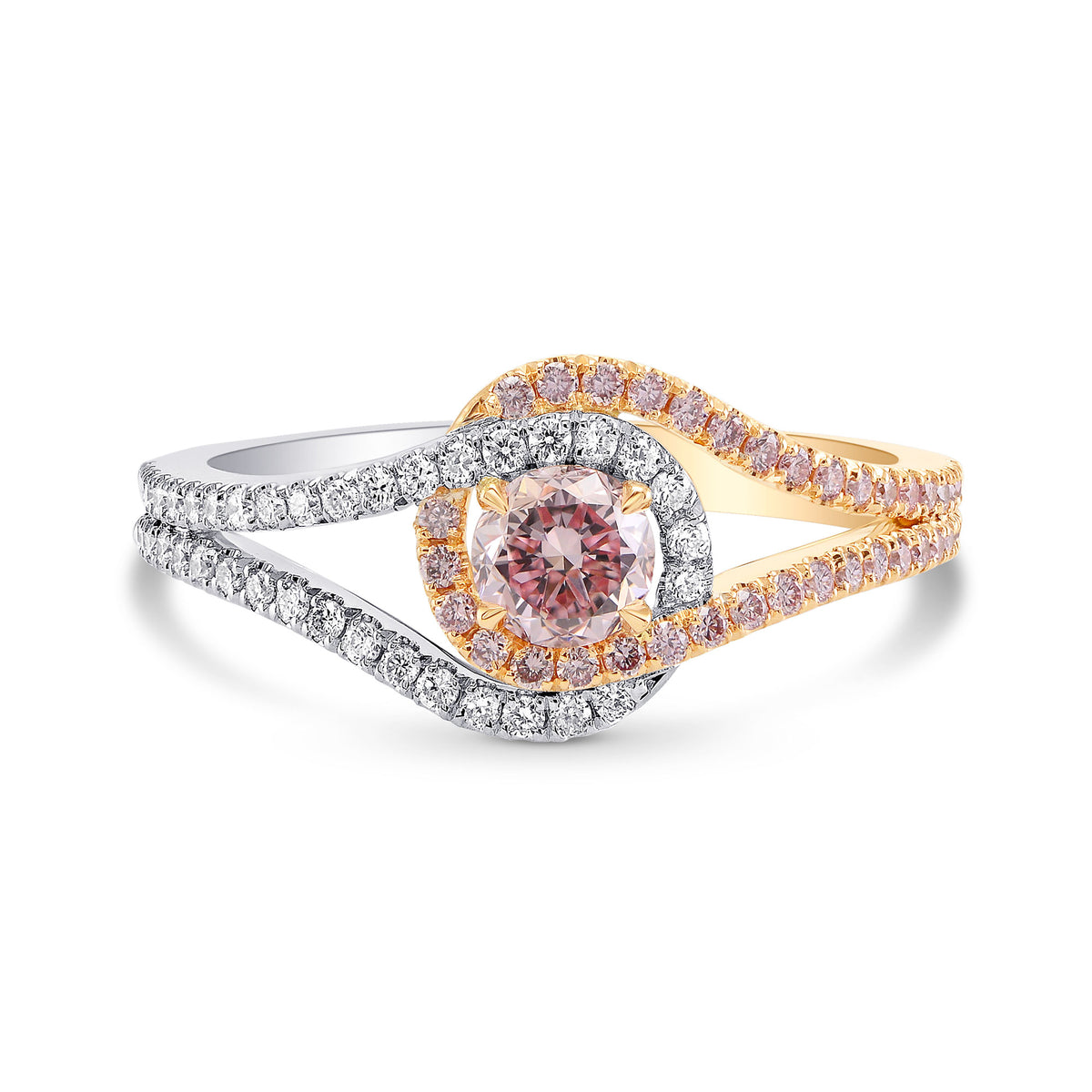 Fancy Pink Round Diamond & Pave Cross-over Ring