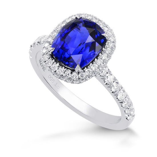 Vivid Blue Sapphire & Diamond Halo Engagement Ring