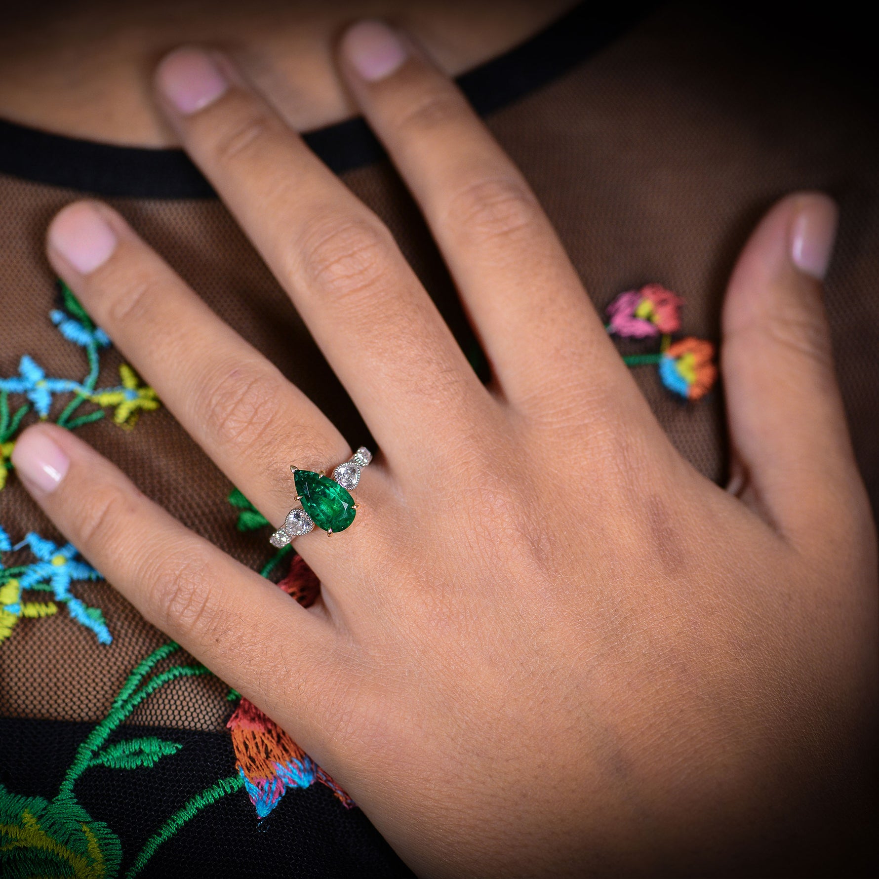Zambian Emerald Pear & Diamond Ring