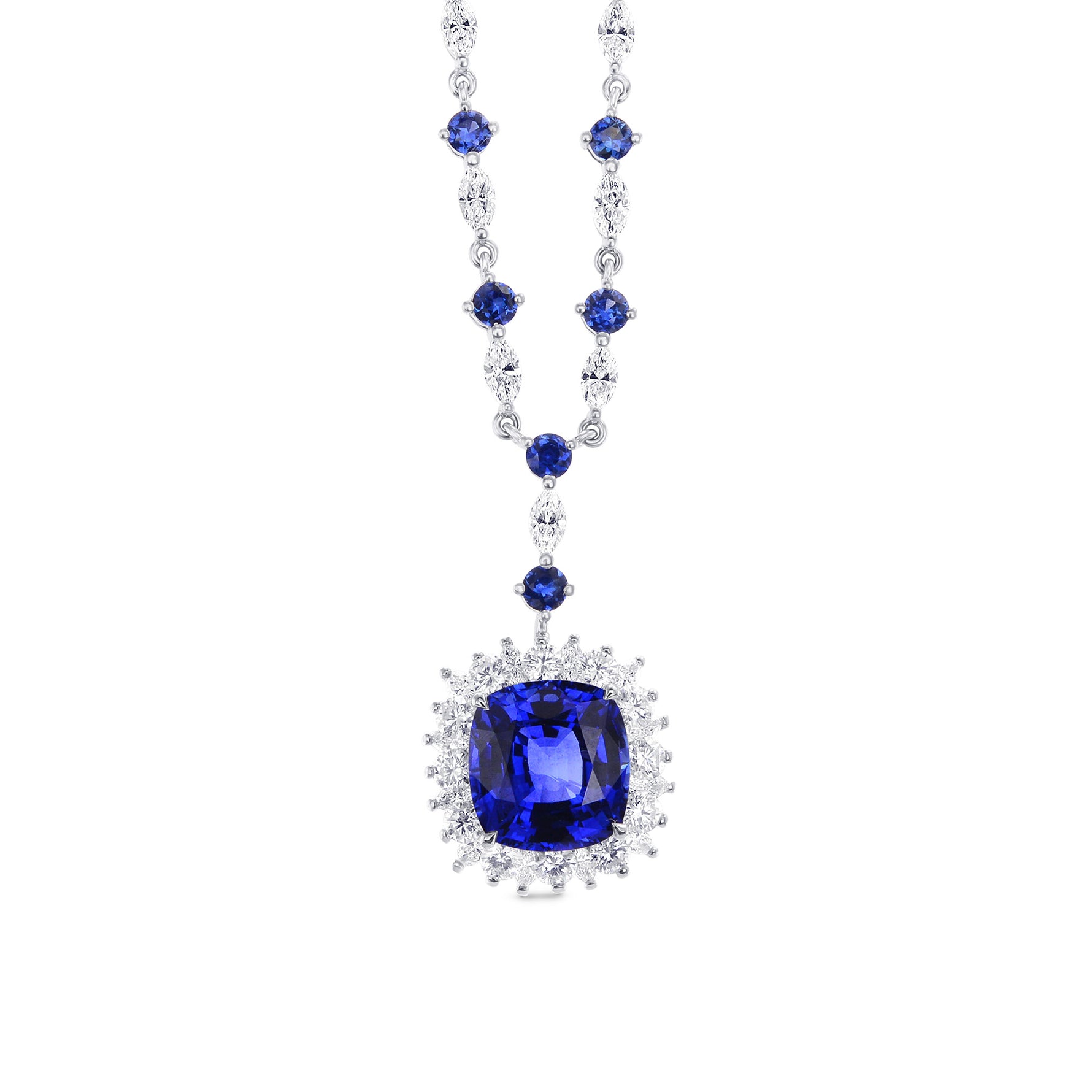 Vivid Blue Cushion Sapphire & Diamond Necklace