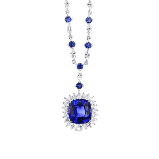 Vivid Blue Cushion Sapphire & Diamond Necklace
