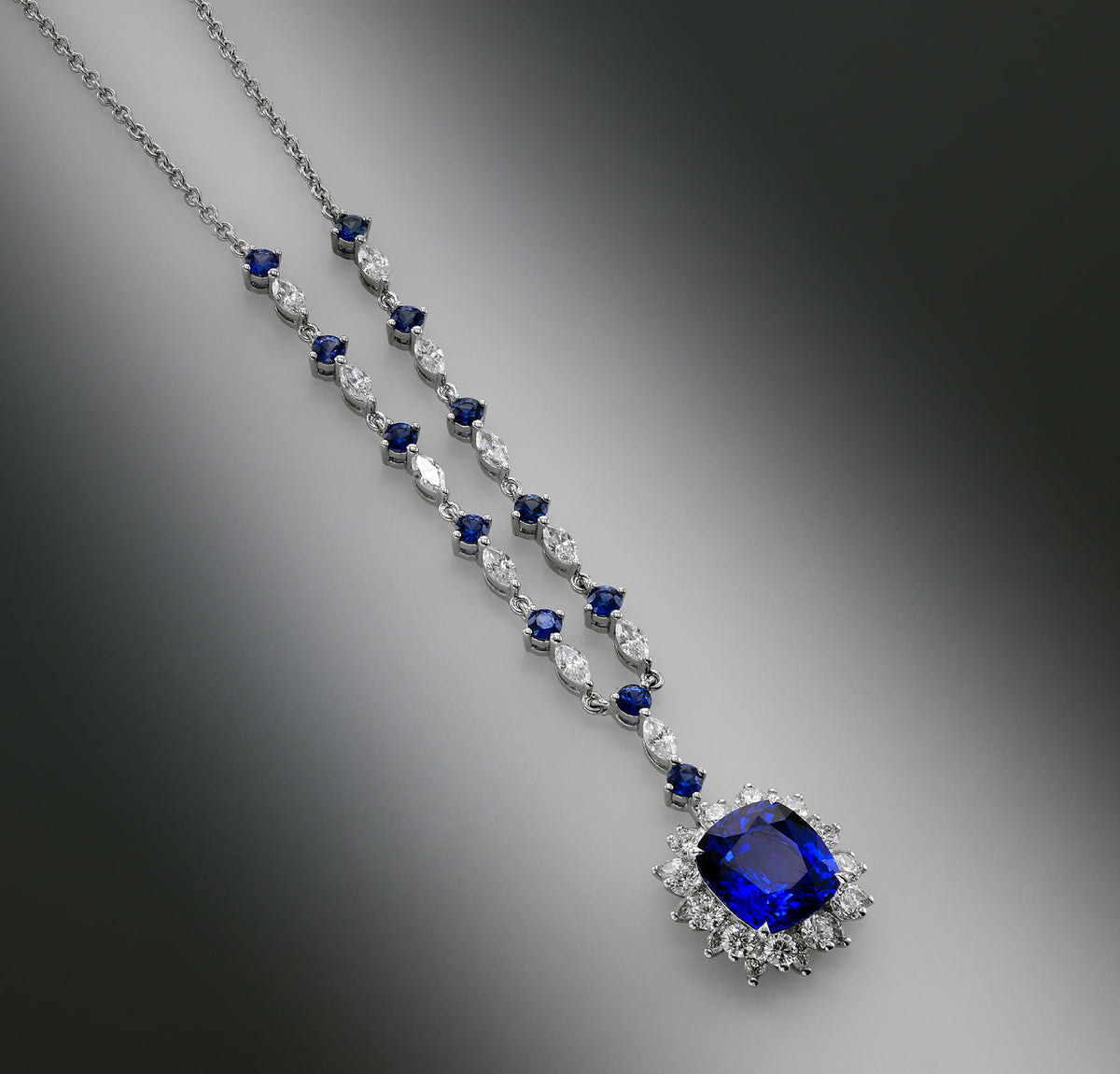 Vivid Blue Cushion Sapphire & Diamond Necklace