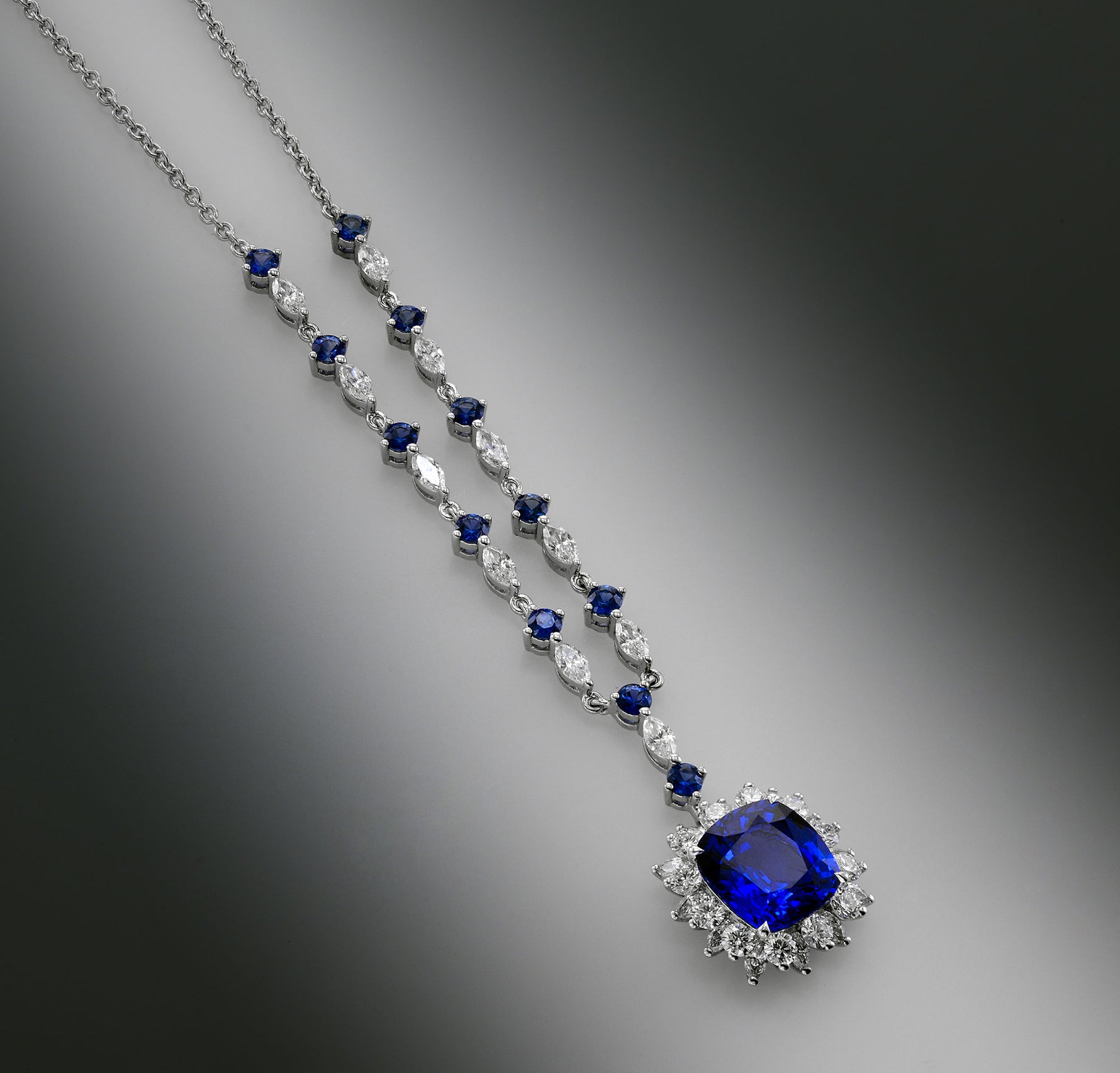 Vivid Blue Cushion Sapphire & Diamond Necklace