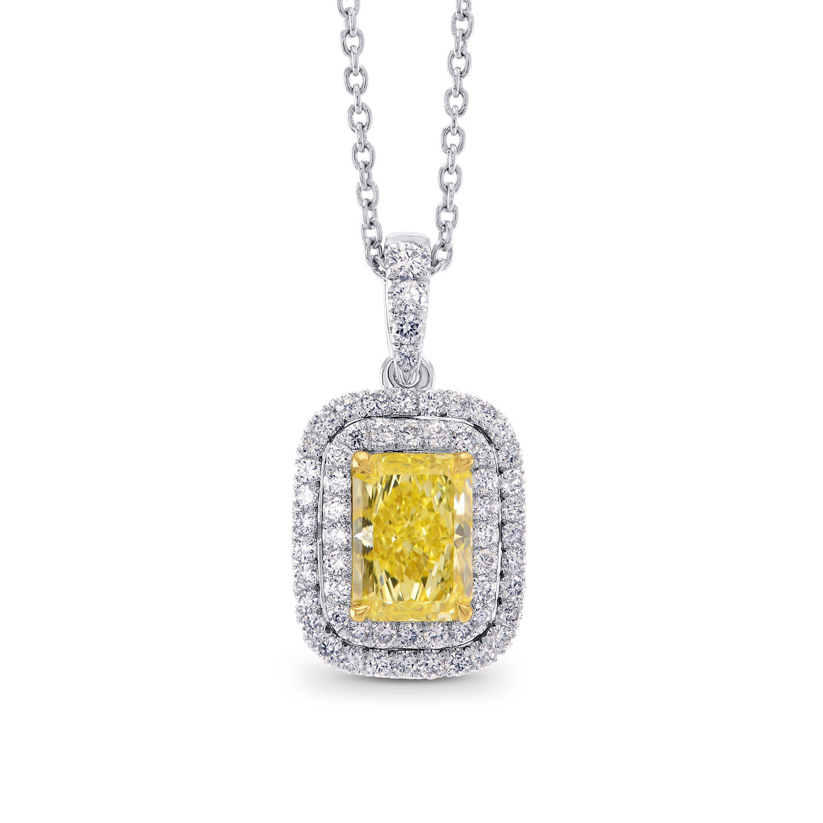 Fancy Intense Yellow Radiant Diamond Double Halo Drop Pendant