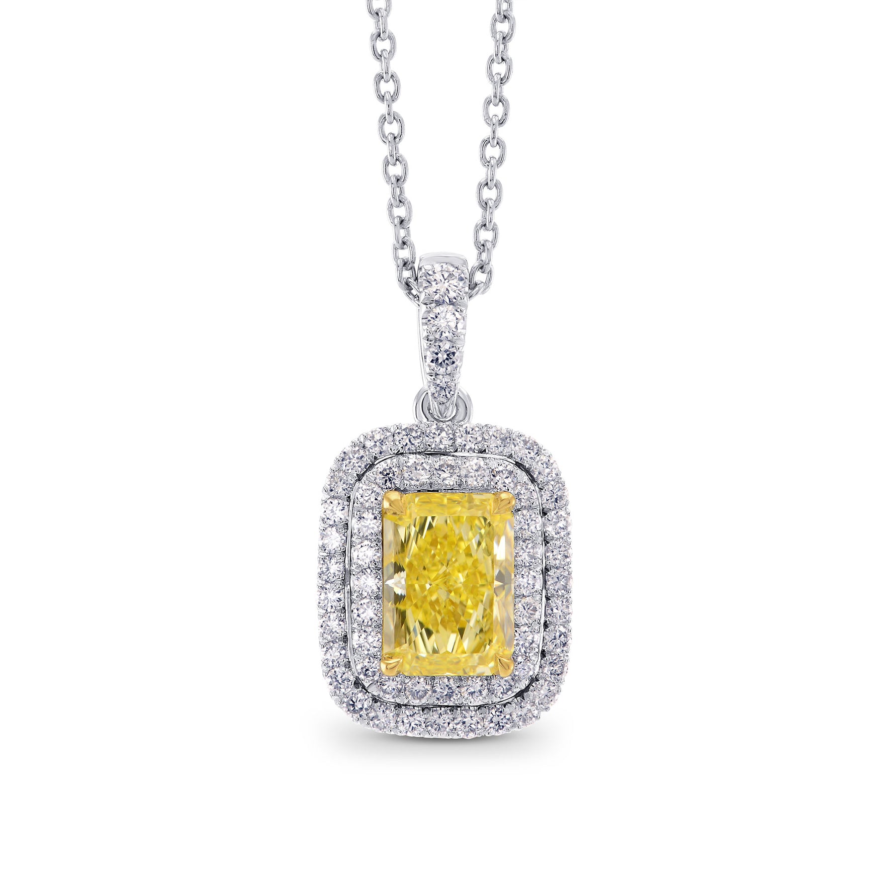 Fancy Intense Yellow Radiant Diamond Double Halo Drop Pendant