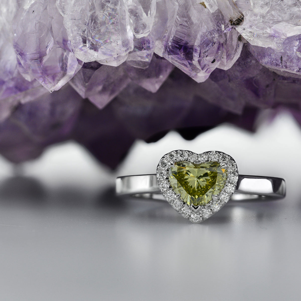 Fancy Brownish Greenish Yellow Heart Diamond Halo Ring