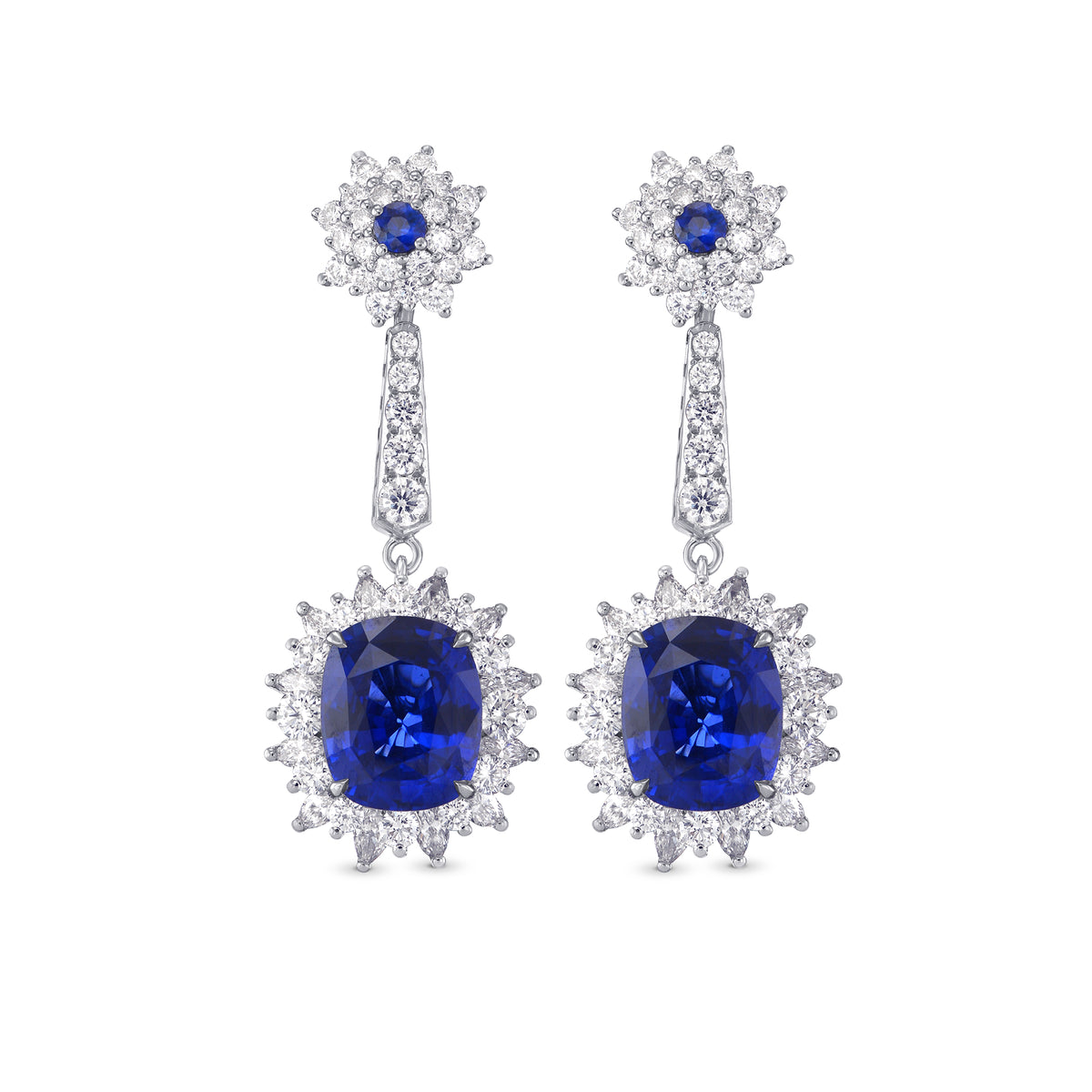 Blue Sapphire and Diamond Halo Drop Earrings