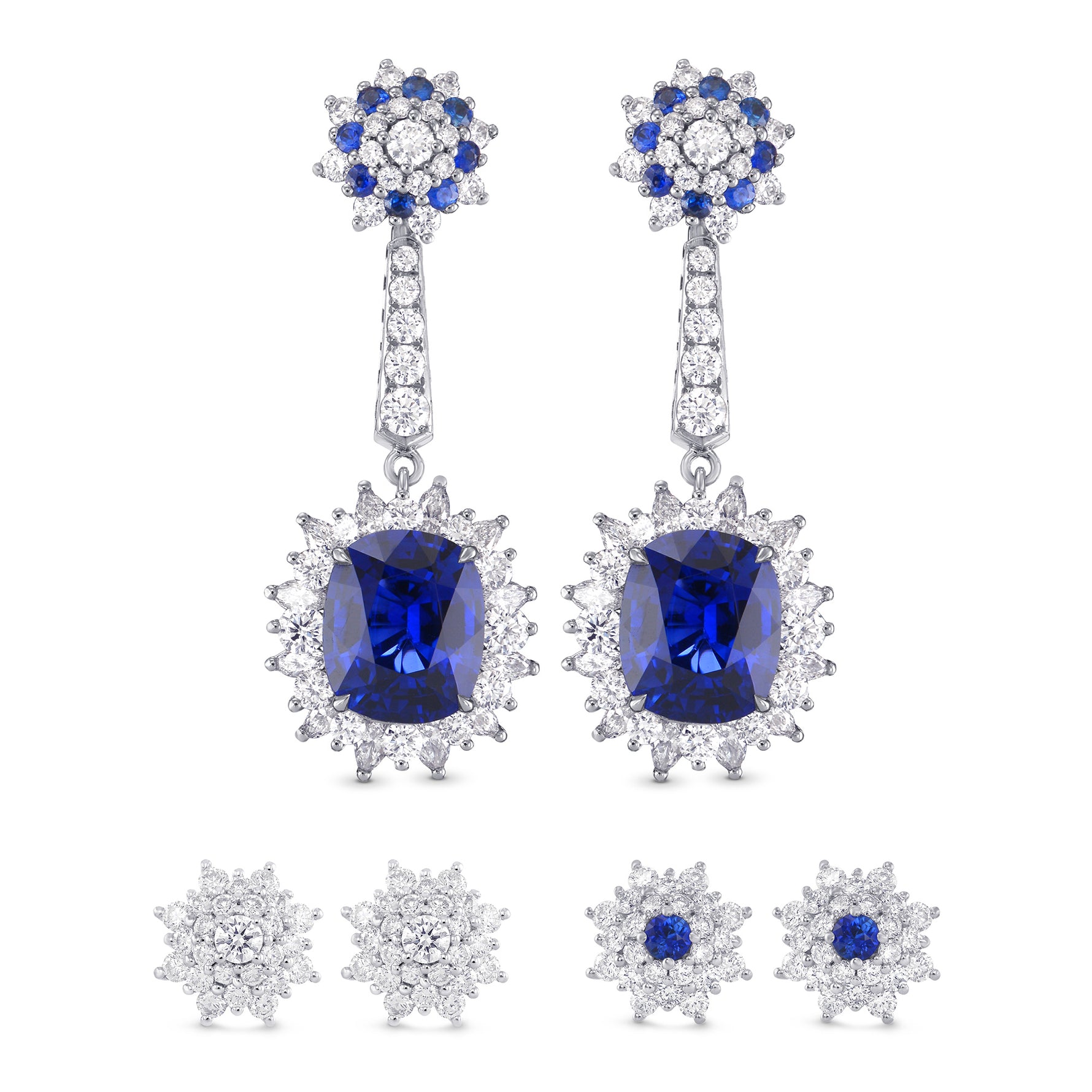 Blue Sapphire and Diamond Halo Drop Earrings