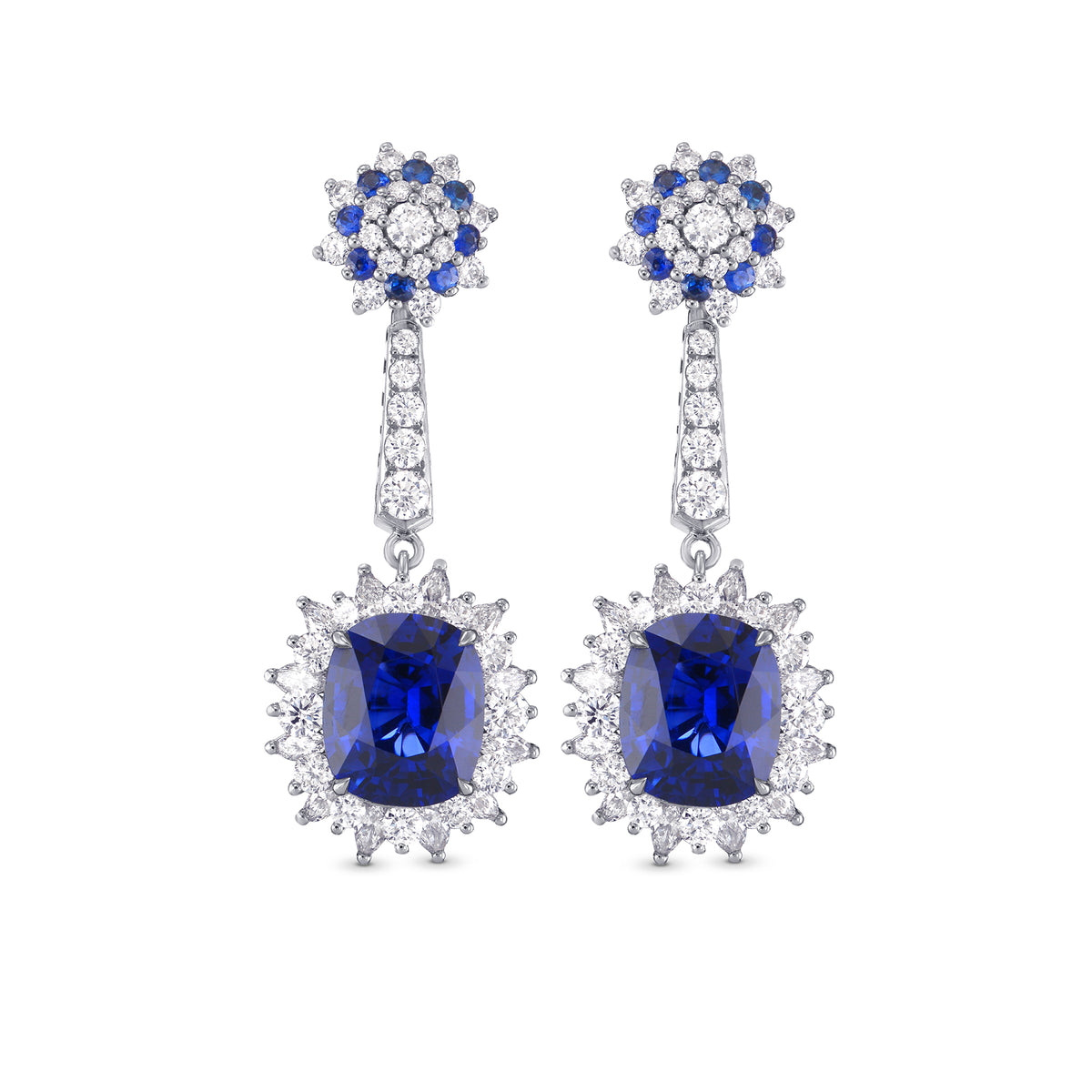 Blue Sapphire and Diamond Halo Drop Earrings