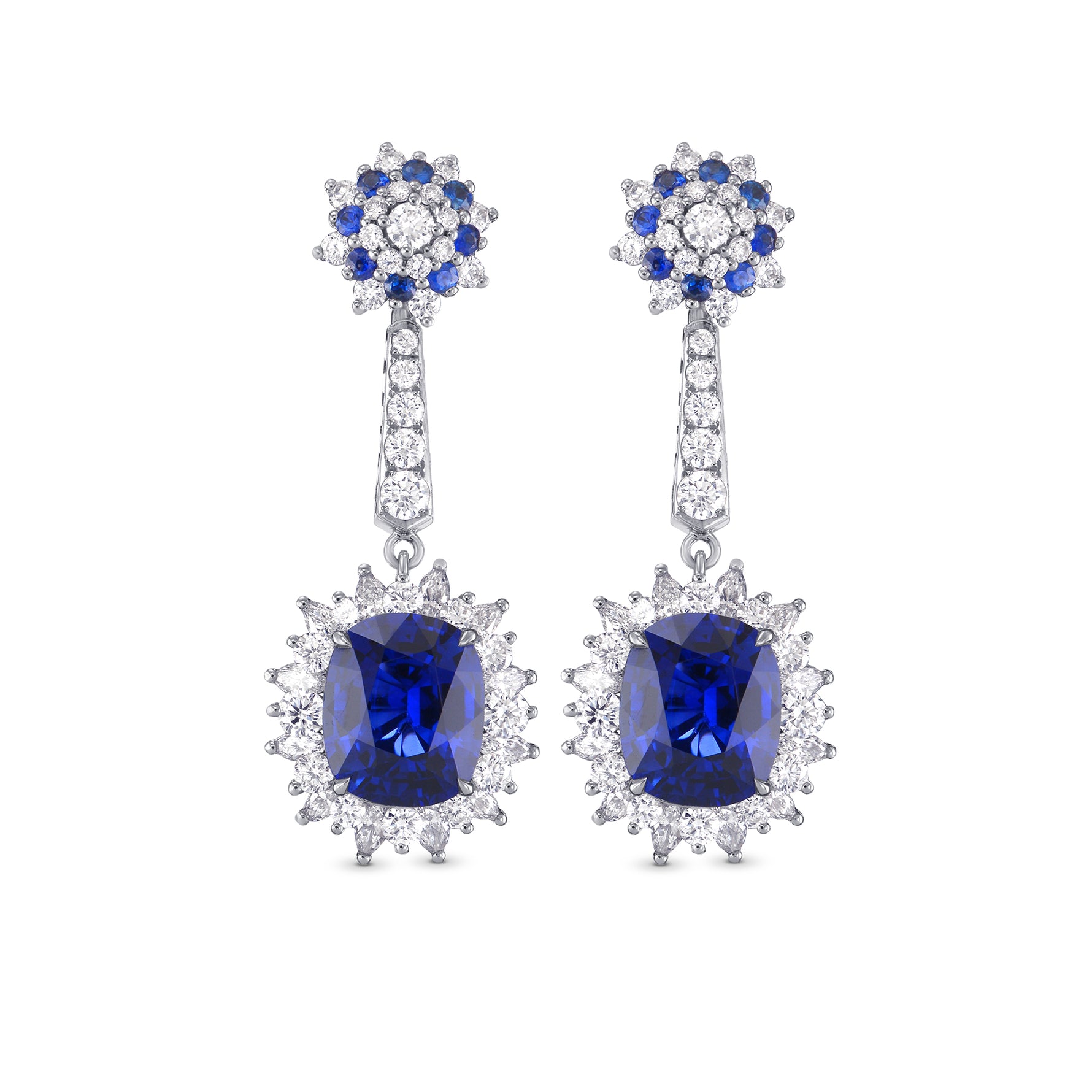 Blue Sapphire and Diamond Halo Drop Earrings
