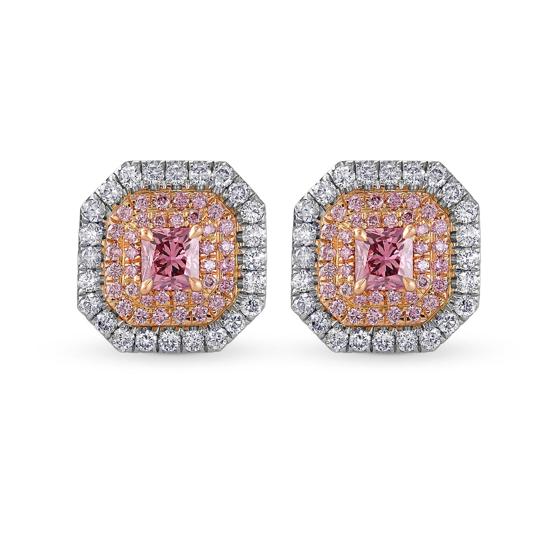 Exceptional Fancy Deep Pink Radiant Triple Halo Diamond Earrings GIA