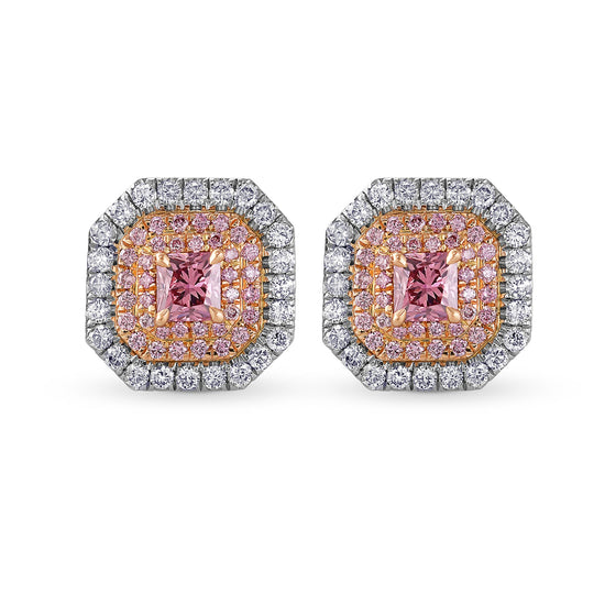 Exceptional Fancy Deep Pink Radiant Triple Halo Diamond Earrings GIA