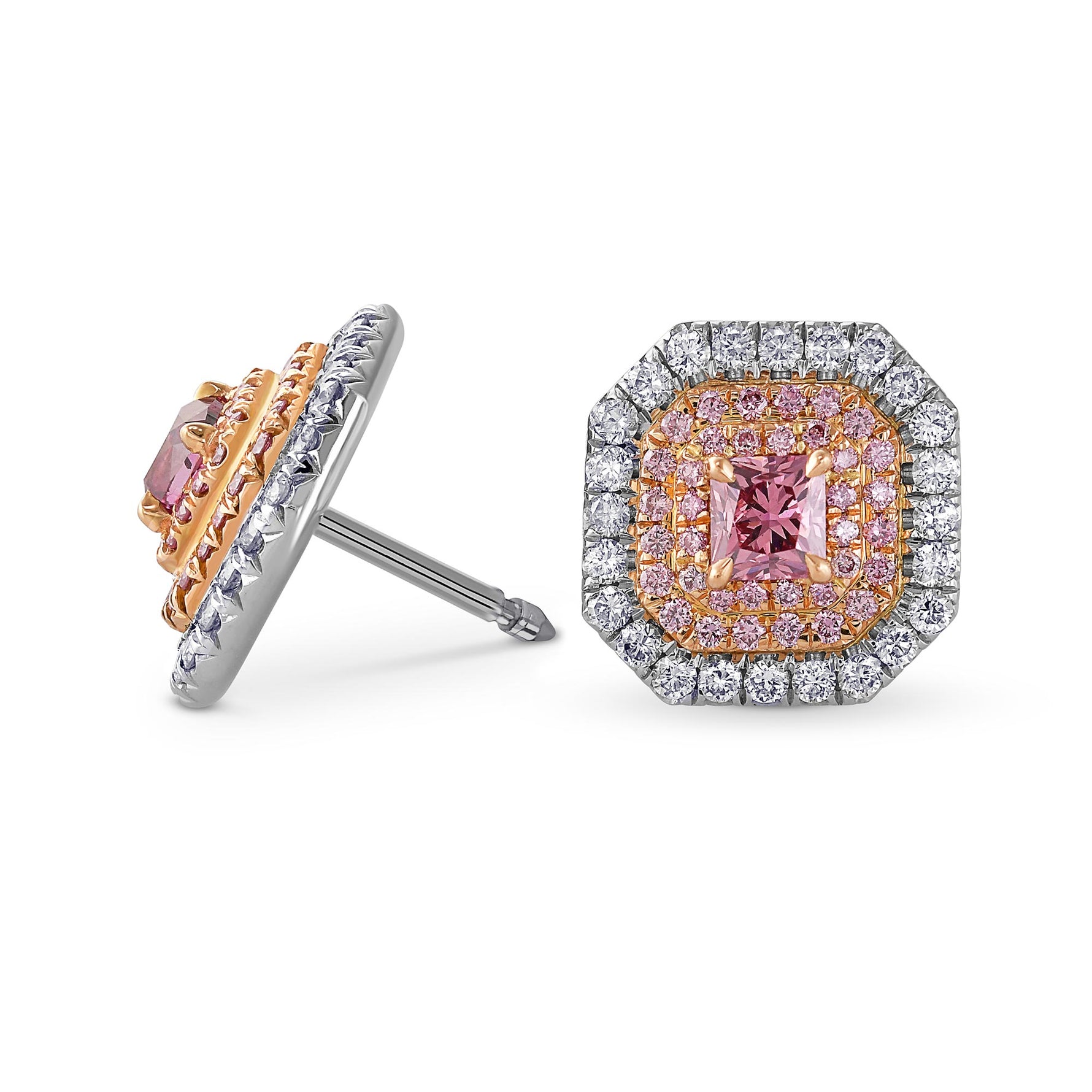 Exceptional Fancy Deep Pink Radiant Triple Halo Diamond Earrings GIA - 2
