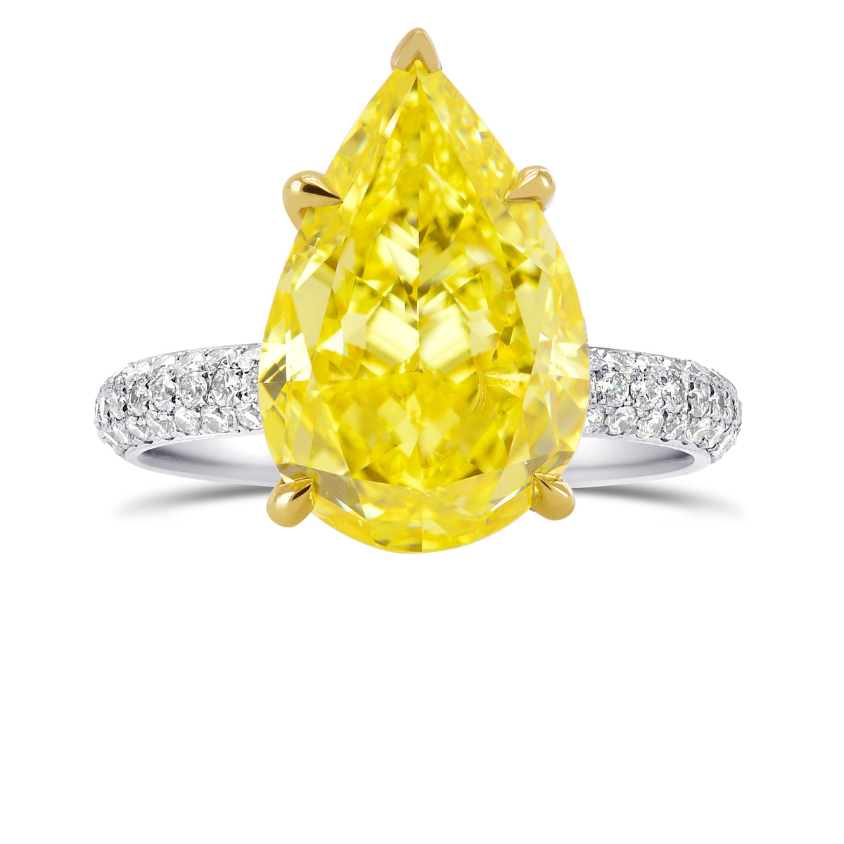 Fancy Vivid Yellow Pear Diamond Ring with Full Pave Rounded Shank