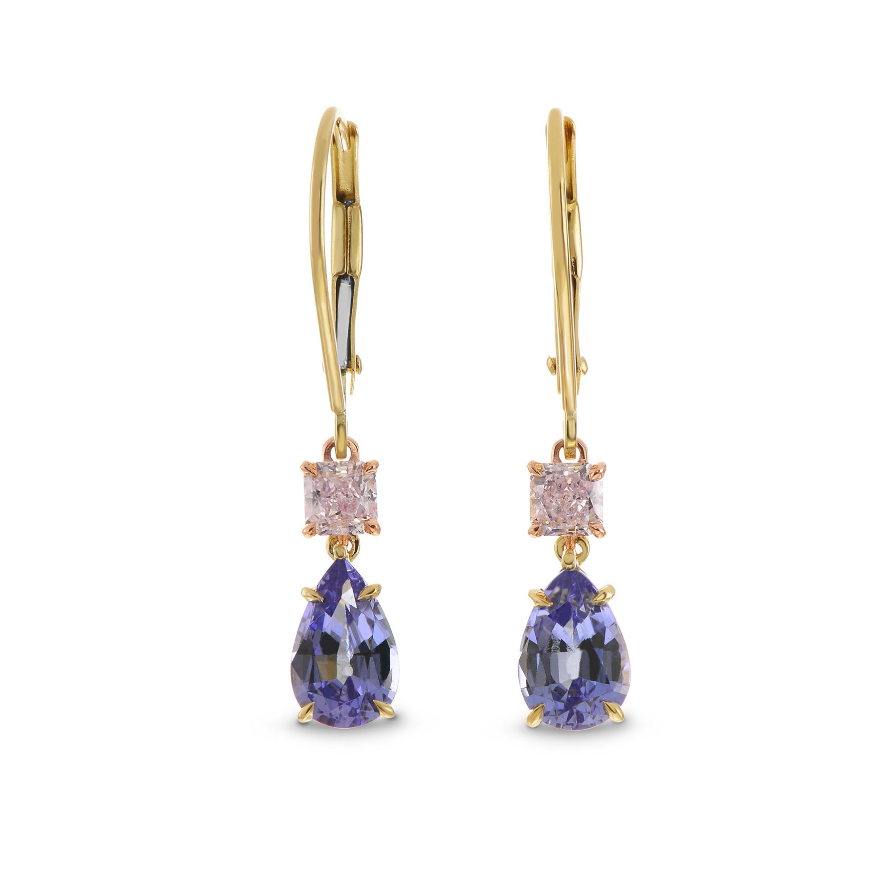 Very Light Pink Radiant Diamond and Tanzanite Pear Earrings