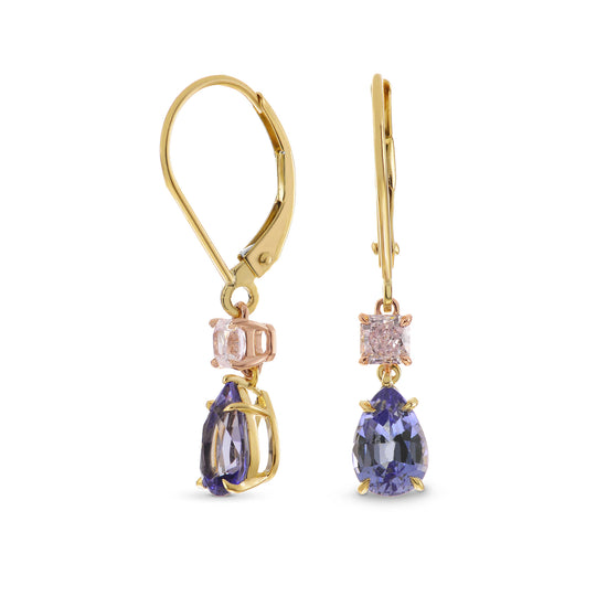 Very Light Pink Radiant Diamond and Tanzanite Pear Earrings