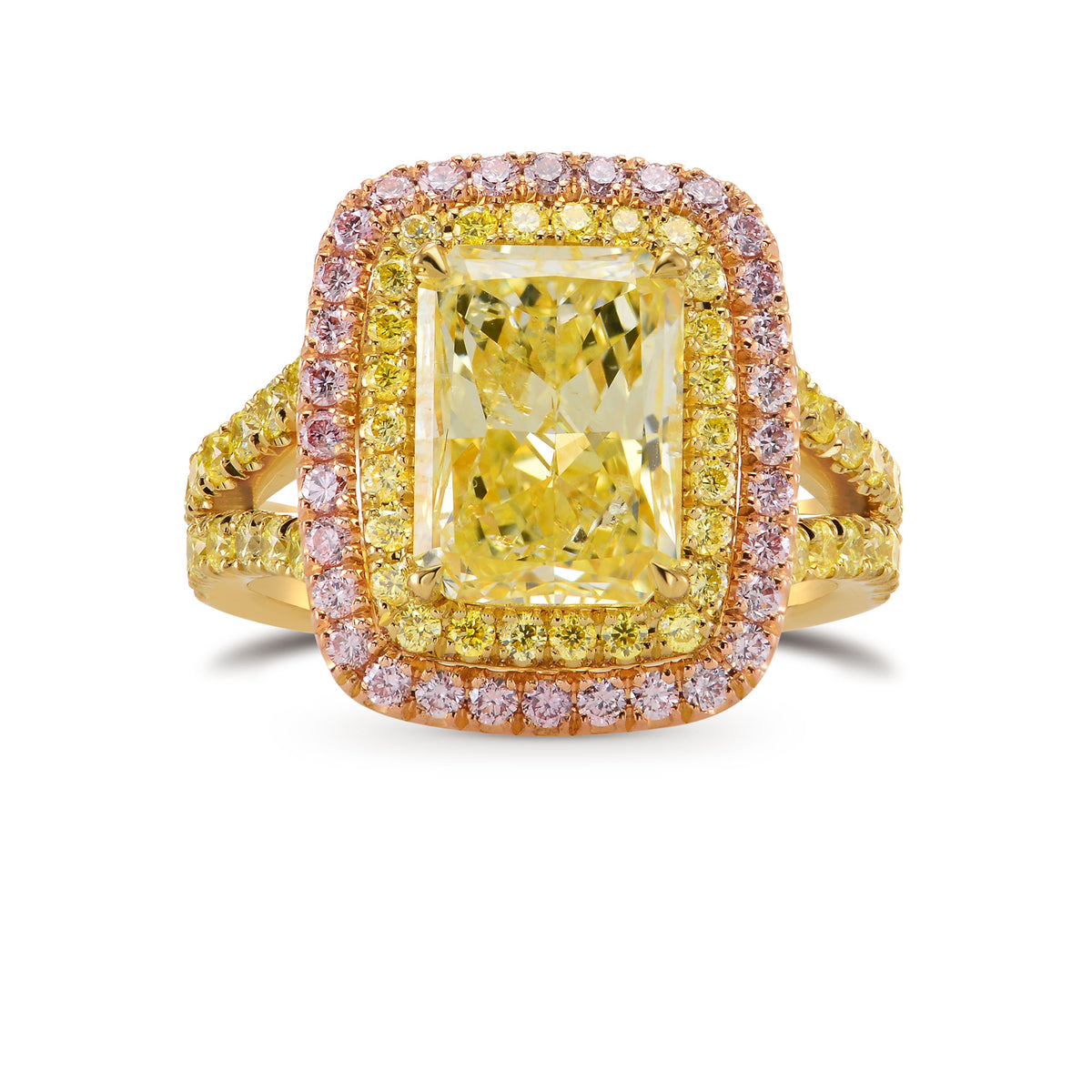 Light Yellow Radiant Diamond Ring, with Pink and yellow Diamonds