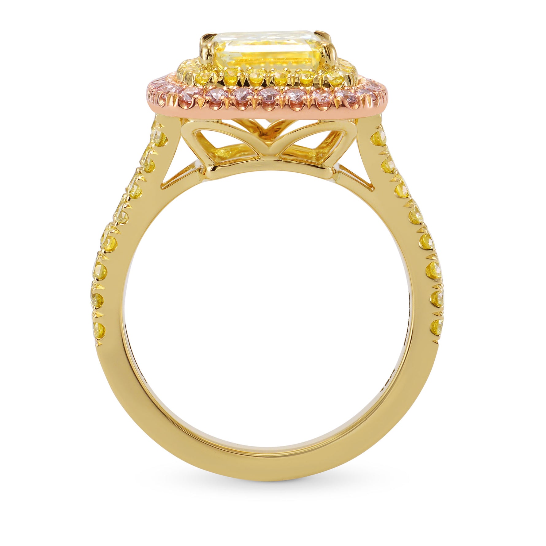Light Yellow Radiant Diamond Ring, with Pink and yellow Diamonds
