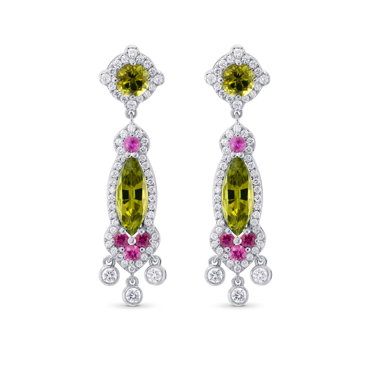  Extraordinary Green Tourmaline, Ruby and Diamond Chandelier Earrings